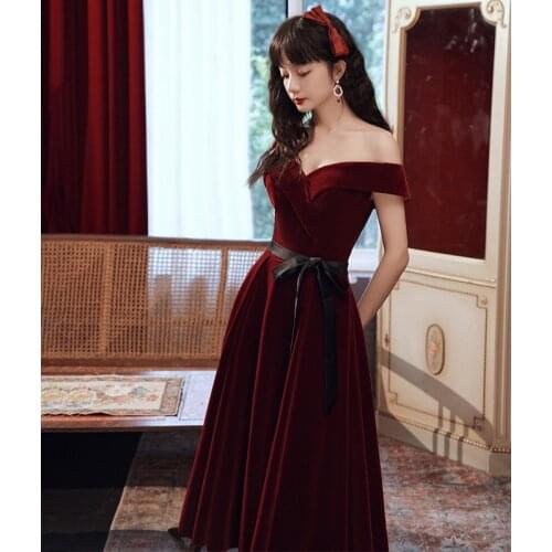 Special Occasion Dresses Vintage V-Neck Short Pleat Off The Shoulder Luxury Burgundy A-Line Backless Elegant Lady Prom Gown E876
