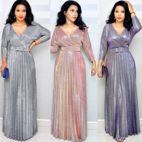 African Dresses for Women Shinny Glitter Pleated V-neck Long Maxi Dress With Belt Vestidos Femme Evening Party Clothing Gown New