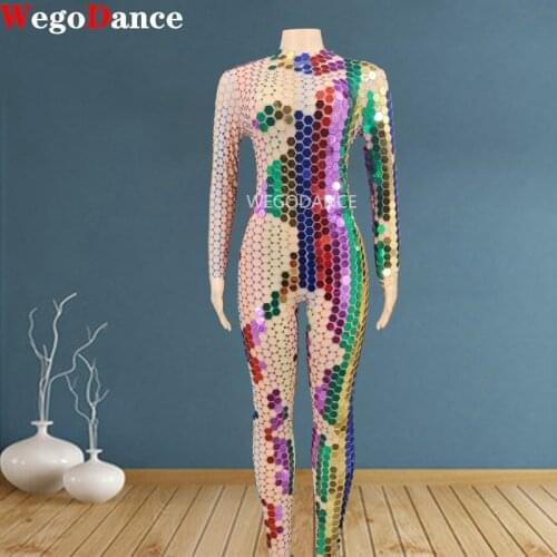 Full Colorful Mirrors Transparent Sexy Jumpsuit Birthday Celebrate Mesh Sequins Outfit Prom Dance Stage Singer Bodysuits