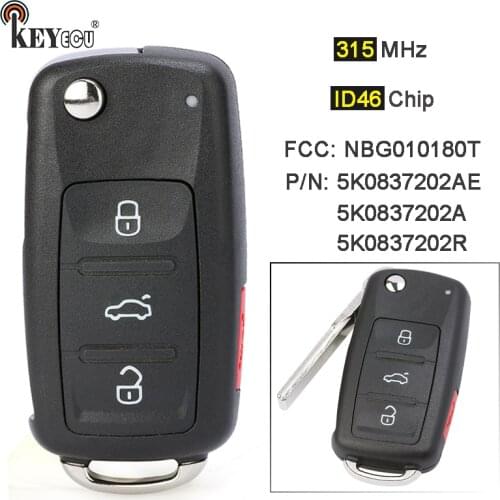 KEYECU 315MHz ID46 Chip NBG010180T Replacement Flip 4 Btn Remote Key Fob for Volkswagen Jetta Eos Golf Passat Beetle 2011-2016
