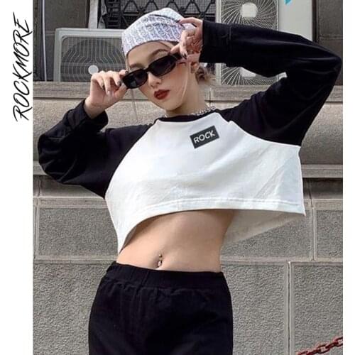 Rockmore Contrast Patchwork Crop Top Women Casual Long Sleeve T Shirt Harajuku T-Shirt Female Streetwear O Neck Tee Korean 2021
