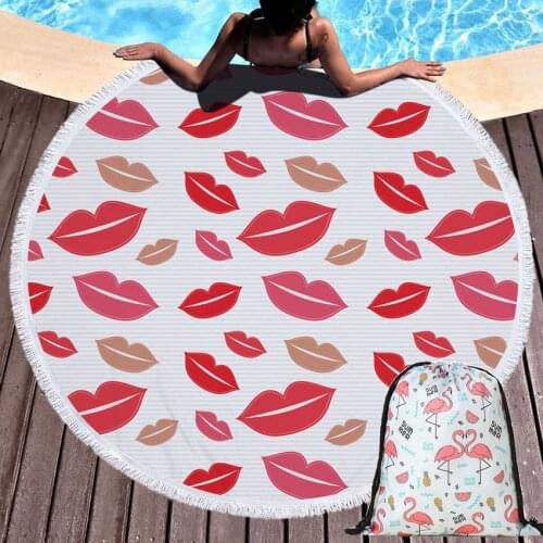 Sweet Lips Print Round Beach Towel Microfiber with Drawstring Backpack Bag Bath Shower Towels Sports Yoga Mat Cover with Tassels