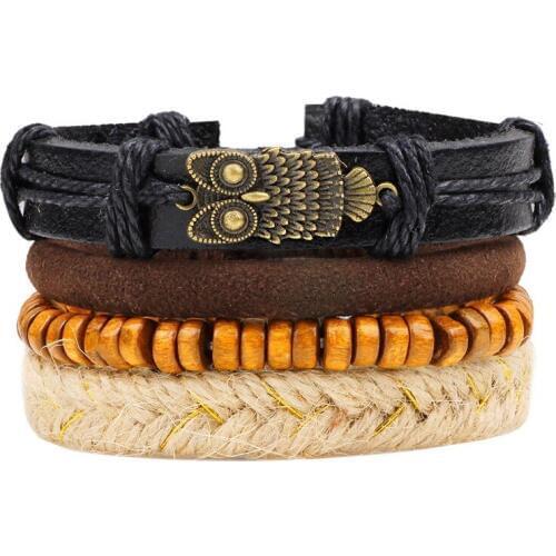 Owl Animal Brown Beaded Strand Women Vintage Combination Handmade Woven Leather Bracelet Men Jewelry Wholesale Accessories