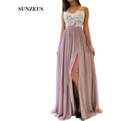 A-line Spaghetti Straps Long Chiffon Bridesmaid Dresses With Appliques Lace Side Slit Women Party Gowns Wedding Guest Dress