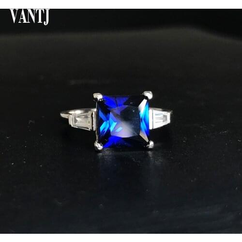 VANTJ Elegant Created Blue Sapphire Rings Sterling 925 Silver Spinel Gemstone 8MM for Women Party Wedding Jewelry Gift