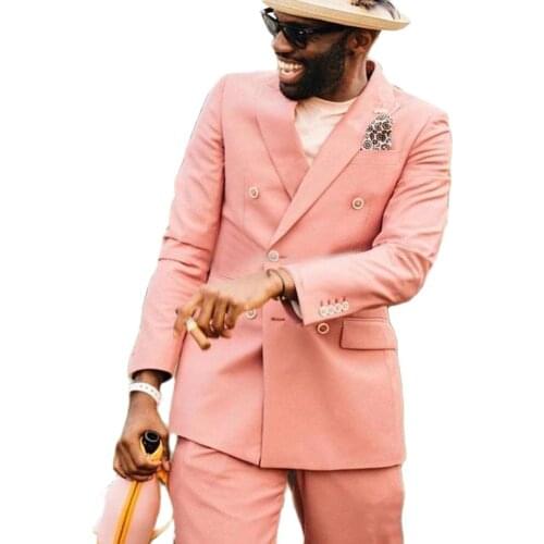 VEIAI Blush Pink Double Breasted Slim Fit Groom Tuxedos Peaked Lapel Mens Suits Wedding Prom Dinner Blazer 2 Pieces Set (Jacket