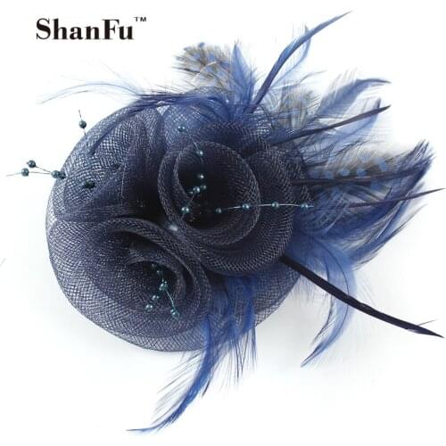 ShanFu Women Vintage Mesh Fascinators Dot Feather Brooch Charming Beaded Bridal Fasciantor White for Wedding Tea Party SFB6439