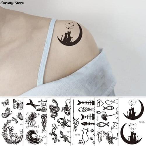 Women Body Art Waterproof Tatoo Small Sexy Black Cartoon Waterproof Temporary Tattoo Cute Animal Tattoo Sticker 5Pcs