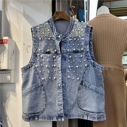 Heavy Work Pearl Beaded Single Row Concealed Button Women Short Denim Vest Loose Vintage Big pocket Blue Sleeveless Tops Female