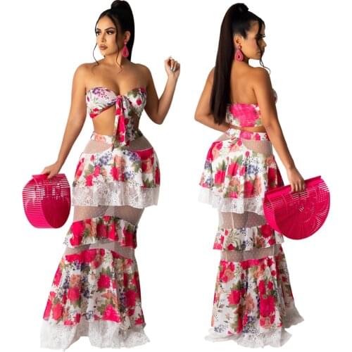 Floral Lace Patchwork Two Piece Dress Set Womens Outfits Knotted Crop Top and Ruffle Mermaid Skirts Set Streetwear Vacation