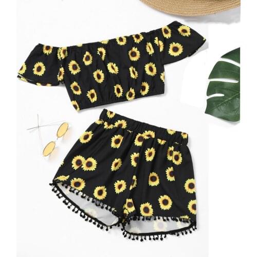 SAGACE Women Sunflower Print Top Casual shorts suit Off Shoulder Sunflower Print Crop Tops +Tassel Shorts Two-Piece Outfit