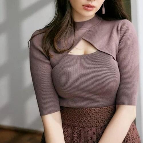 Sexy New Half Sleeve Knitted Tops Women 2021 Slim Stretchy Solid Half High Collar Pullovers Chic Designed Vintage Jumpers