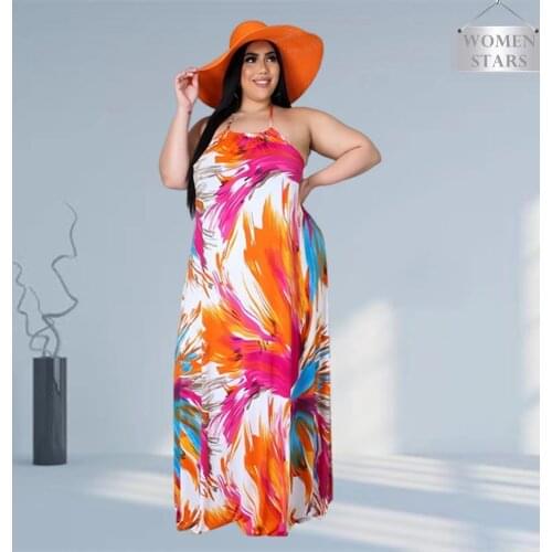 Plus Size Dress Xxxl Wholesale Halter Beach Style Loose Print Sleeveless Tank Ankle-Length Sexy Maxi Dresses Summer Dropshipping