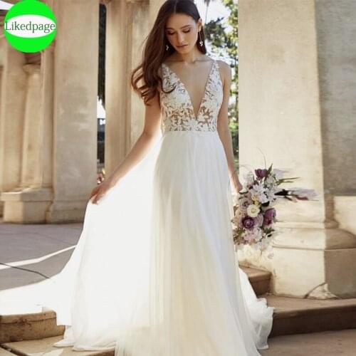 Sexy V Neck Wedding Dress 2021 Boho Vestidos De Novia Beach Lace Appliques Bride Gown A Line Chiffon Robe Mariage Trouwjurk Boda