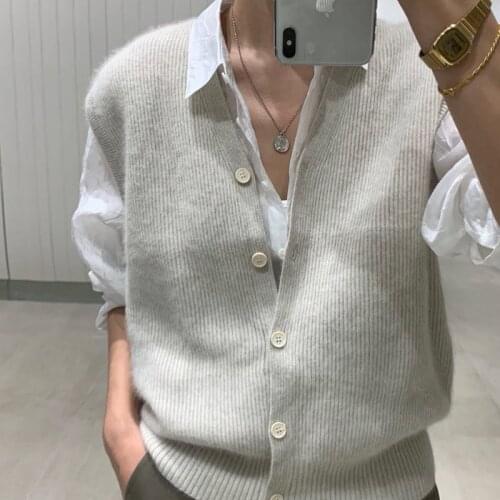 2021 100% wool vest V-neck cardigan womens sleeveless sweater pure color casual loose cashmere vest new product ATTYYWS brand