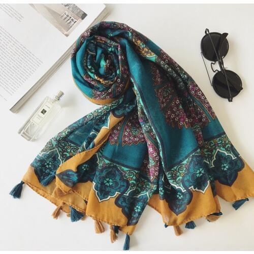 2017 Fashion Women Vintage Flower Print Tassel Scarf Long Green Floral Bandanna Shawls Muffler Scarves Wrap Hijab 10pcs/LOT