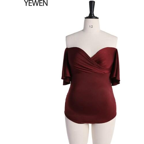 Burgundy 4D Stretchy Fabric Maternity Bodysuit for Photoshoot Off Shoulder Short Sleeves Maternity Phography Props YEWEN