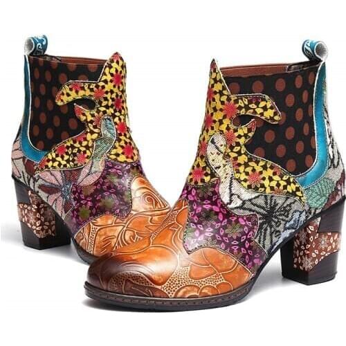 PU Leather Boots Printing Zipper High Heel Rubber Short Women Boots Women 2020 New Fashion Design Elegant Shoes