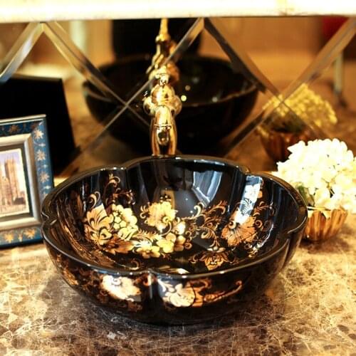 Black flower shape Chinese Cloakroom Counter Top porcelain wash basin bathroom sinks ceramic art round wash basin countertop