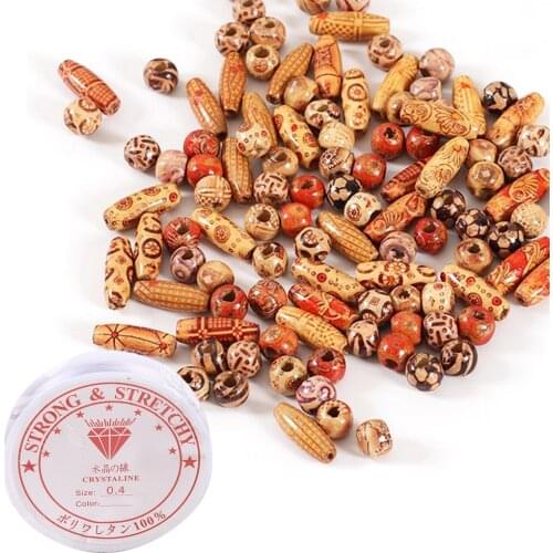 Kid 100pcs Wooden Hair Beads and Clear Elastic Cord DIY African Hair Braid Dreadlock Wood Spacer Bead Making Jewelry Beading Toy