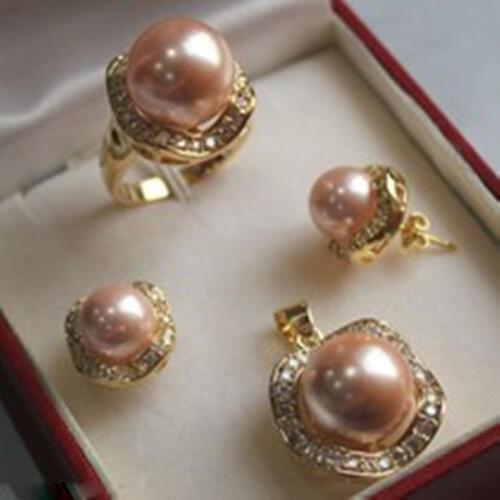 Hot sell new - 1 set 10 mm &14mm pink sea shell pearl mother of pearl pendant earring ring NEW NEW