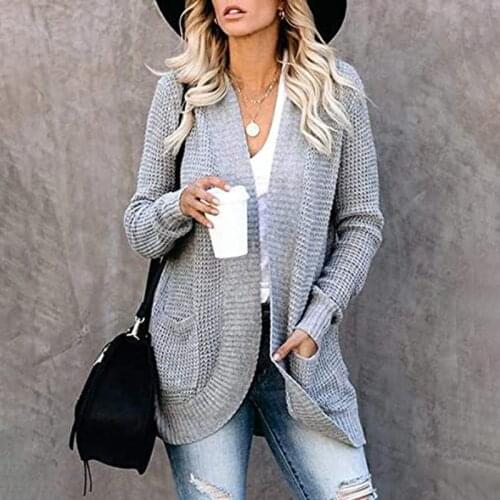 2021 New Cardigan Women Winter Grey Pockets Sweater Long Female Coat Korean Fashion Warm Knitted Cardigans Casual Ladies Tops