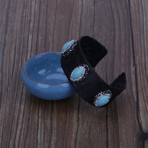 Classic Triple Oval Blue Turquoises Howlite Charm Pave Rhinestone Black Real Snake Leather Wrap Big Wide Open Bangle Cuff Women