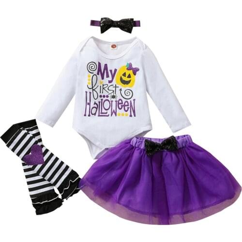 4Pcs Halloween Baby Girls Outfits Pumpkin Letter Printing Long Sleeve Round Collar Romper + Mesh Skirt + Leggings + Headwear Set