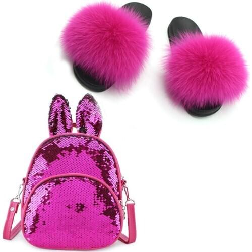 Baby girl Fox Fur Slippers Summer Furry Slippers Women Leather Fox Fur Slippers Childrens Fashion Sequin Bag Real Fur Slides
