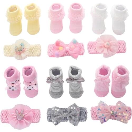 Newborn Baby Girl Lovely Socks Headband Set Flower Bowknot Crown Lace Headwrap + Booties Lace Cute Animal Decor Socks 2Pcs Set