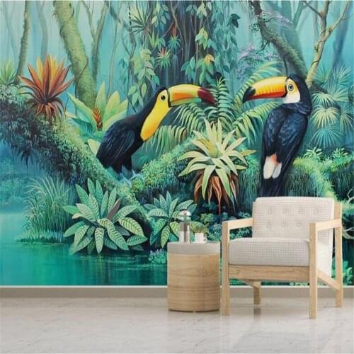 Milofi custom mural wallpaper medieval hand-painted tropical rainforest plant toucan background wall decoration painting