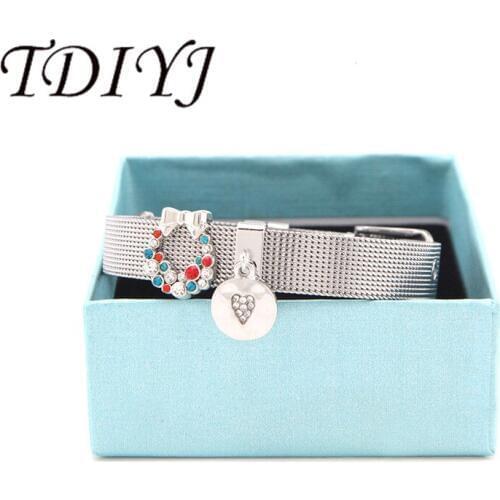 TDIYJ For Christmas Gift Box Crystal Beard Heart Dangle New Collection Charms DIY Stainless Steel Mesh Bracelet 1Set
