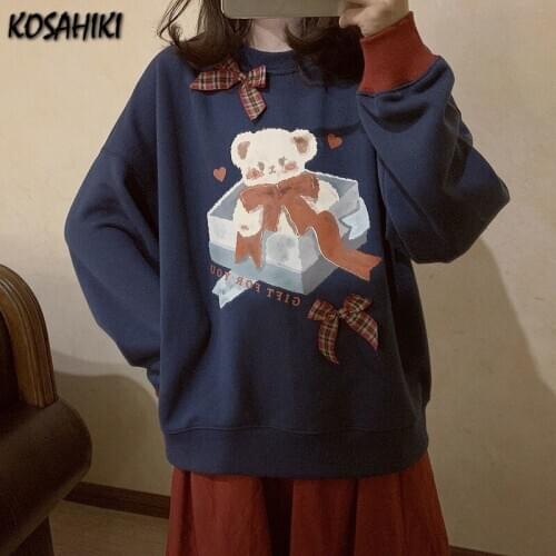 KOSAHIKI Japanese Kawaii Bear Print Women Pullovers Bowknot Harajuku Loose Hoodies Casual Fleece Spring Student Sweatshirts