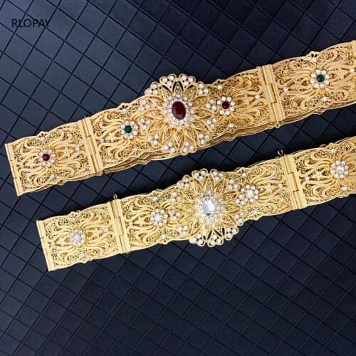 Moroccan Fashion Wedding Belts Round Flower Belt Buckle Women Rhinestone Waist Chains Jewelry Costume Belts for Abaya