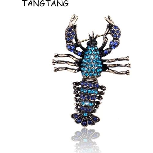 Unique Blue Black Crystal Rhinestone Lobster Brooch Pin Animal Shaped Fashion Jewelry Costume Accessory Christmas Broches BH8382