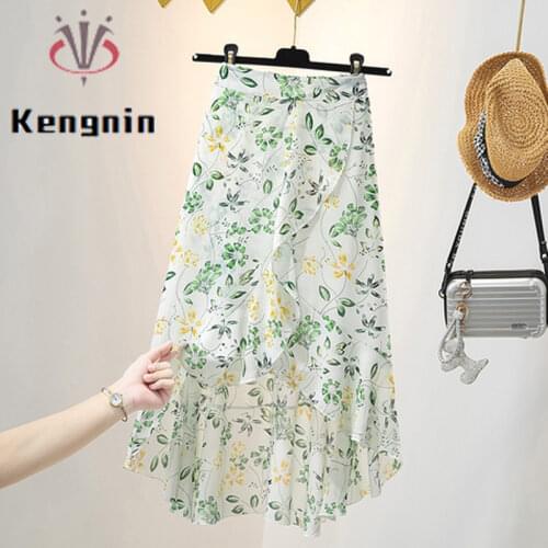 2021 Summer New Fashion Women Flowers Skirts Mid-Long High Elastic Waist Ladies Skirts A-Line Big Skirts Female Clothing KE1318
