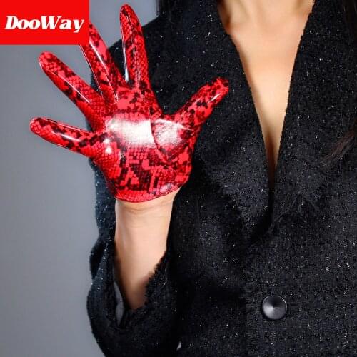 DooWay Latex PU Faux Leather Women Gloves Wet Look Shiny Red Super Short Animal Print Python Snake Wild