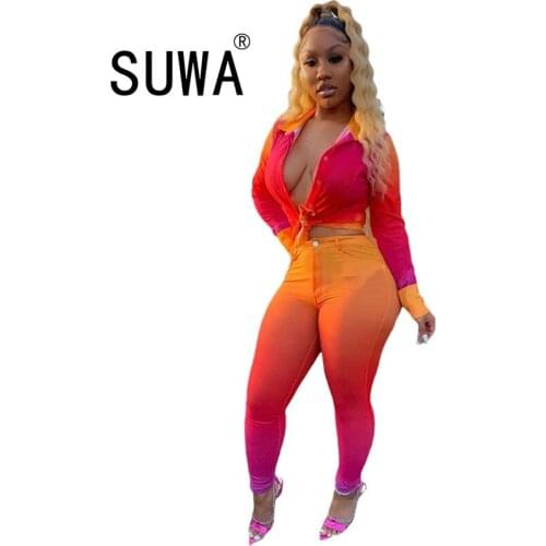 Women two piece set long sleeve female blouse + high waist skinny pants trousers new fashion spring clothes work 2 pieces