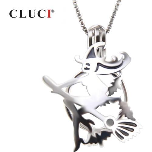 CLUCI Halloween 925 Sterling Silver Flying Broom Witch Cage Pendant Charm For Women Jewelry Real Silver 925 Pearl Locket SC322SB