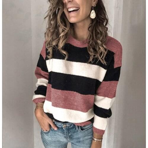 Women Sweater Autumn Winter Knitted Women Striped Streetwear Oversized Top Sweater Knitted Sweaters Pull Long Sleeve Female Tops