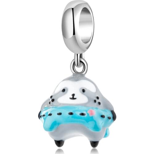AGATA Original Jewelry Swimming ring sloth 100% 925 silver animal charms blue enamel pendant fit Pandora Bracelet beads Making