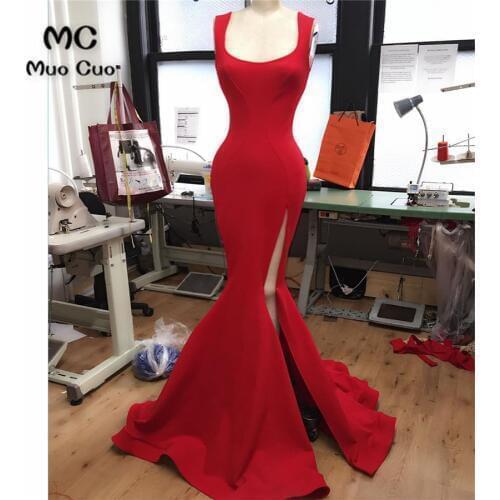 In Stock Mermaid Evening Dresses Long tank Vestido Longo Side Split Elastic Satin Formal Red Evening Party Dress
