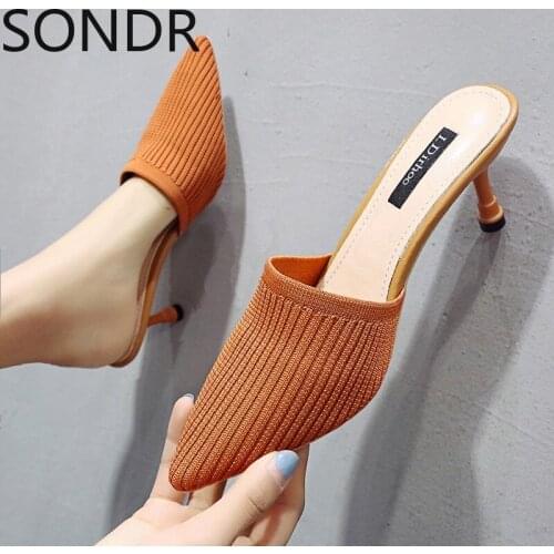 2021 Baotou Half Slippers Womens Outer Wear Fashion Fitting Shoes Black Pointed Stiletto High Heel Sandals Summer