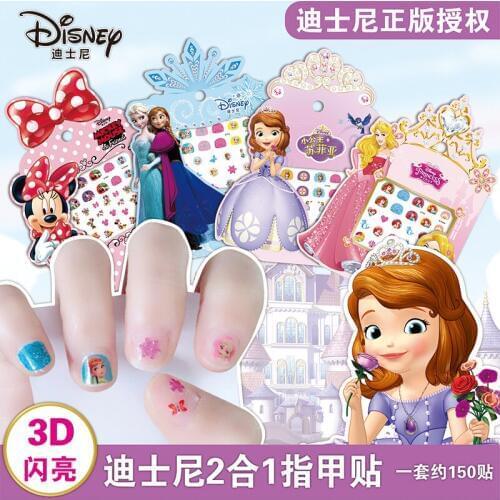 Disney Cartoon mickey 3D Shiny Sticker Toy Girl Nail Sticker Frozen Sticker Mermaid Princess Children Nail Sticker Waterproof