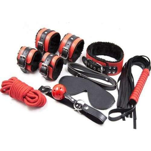 7pcs Leather Contains Wrist Cuffs Mouth Gag Bondage Set Kit Fetish Whip Blindfold Rope Neck Collar Adult Games for Couple PG0154