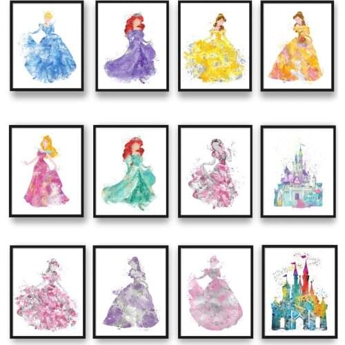 Disney Princess Diamond Painting Cartoon Elsa & Anna Castle Watercolor Paintings Print Wall Art Kid Cuadros Home Decor