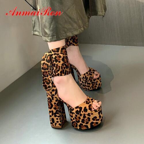 ANMAIRON Cross-tied Shoes Wedges Shoes for Women Flock Basic Casual Lace-Up High Heels Sandals Women Animal Prints Women Sandals