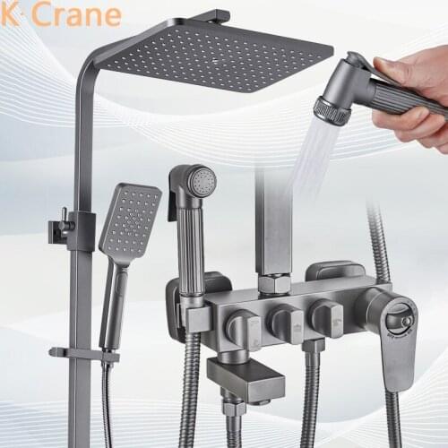 Gun Grey Shower System Bathroom Hot Cold Mixer Shower Set Wall Mount Square Head Bath Faucet Modern SPA Rainfall Grifo Torneiras