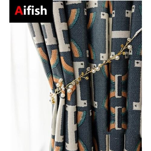 European American Elegant Navy Blue Letter Printing Blackout Curtains For Home Living Room Bedroom Decoration Overhang Fabric 6