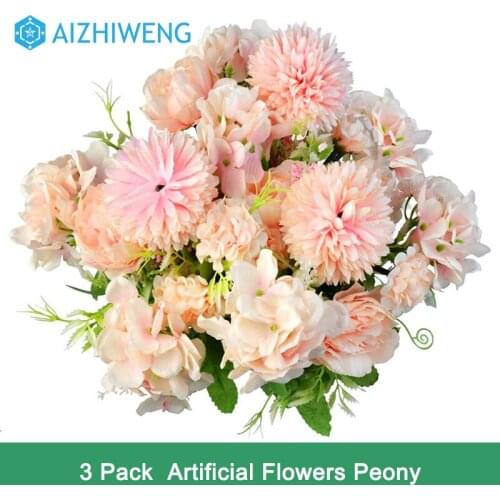 3 Pack Fake Peony Hydrangea Silk Flowers Artificial Flowers Arrangements Floral Wedding Party Home Decoration (Pink)